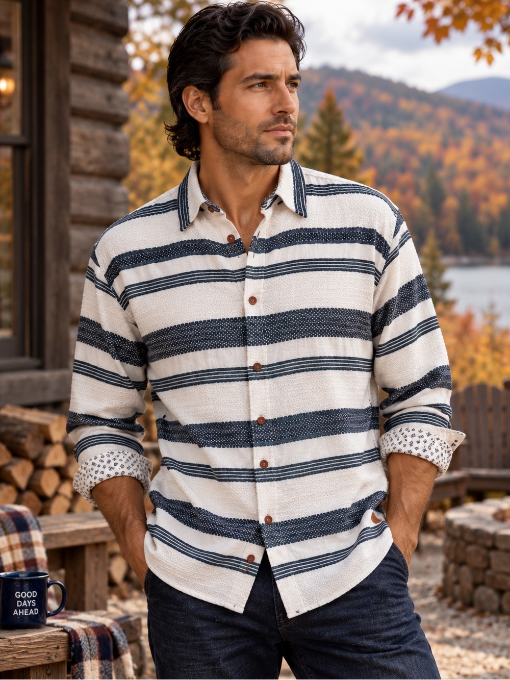 Scotch & Soda XL Basketweave Voile Button-Up Shirt White Navy Striped Resort